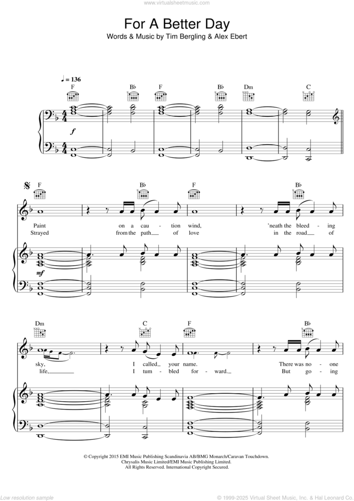 For A Better Day sheet music for voice, piano or guitar by Avicii, Alex Ebert and Tim Bergling, intermediate skill level