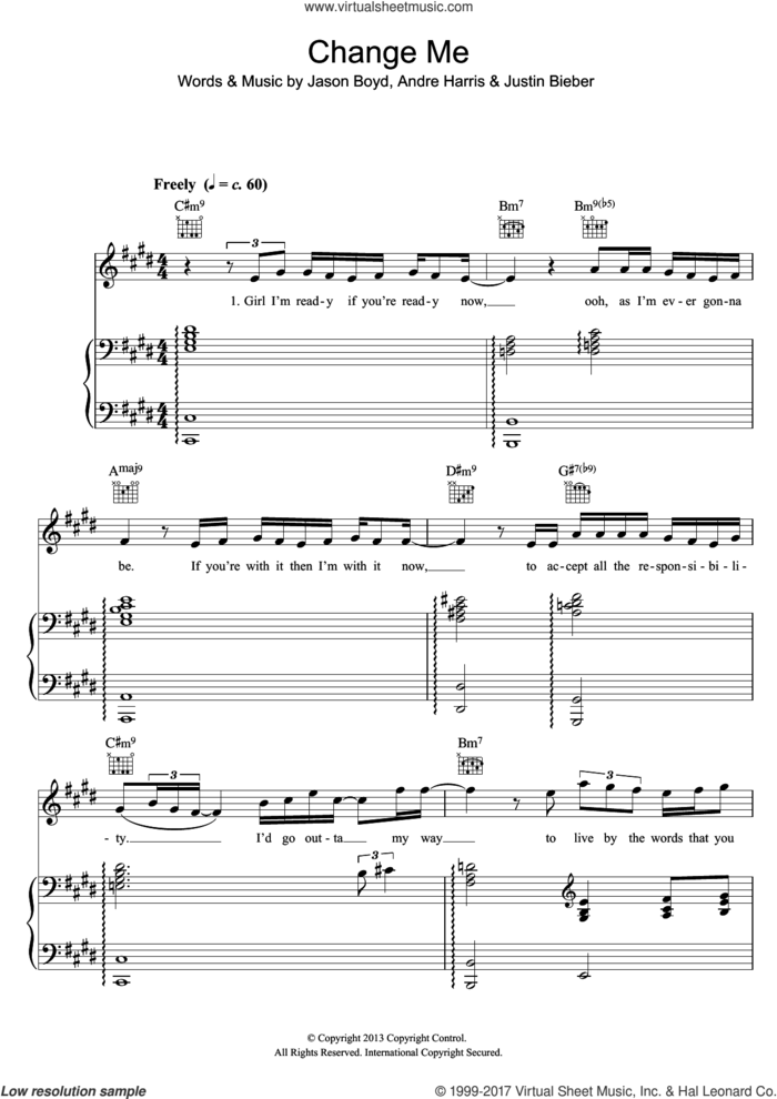 Change Me sheet music for voice, piano or guitar by Justin Bieber, Andre Harris and Jason Boyd, intermediate skill level