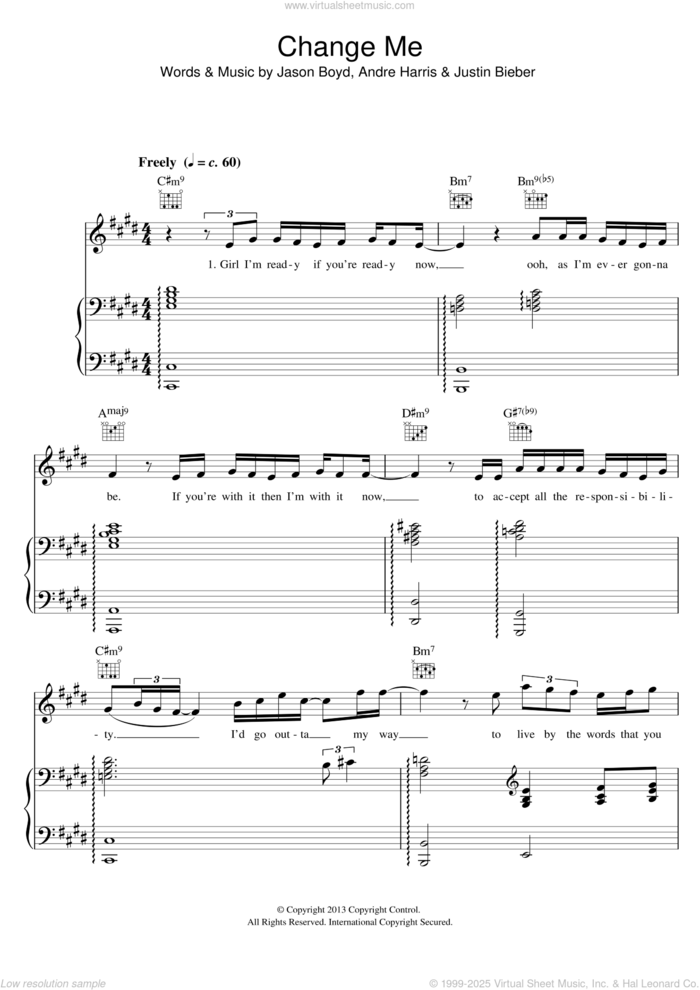 Change Me sheet music for voice, piano or guitar by Justin Bieber, Andre Harris and Jason Boyd, intermediate skill level