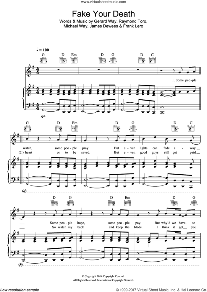 Fake Your Death sheet music for voice, piano or guitar by My Chemical Romance, Frank Lero, Gerard Way, James Dewees, Michael Way and Raymond Toro, intermediate skill level