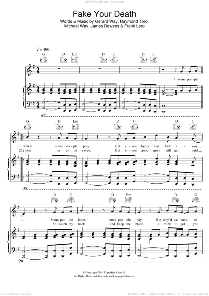Fake Your Death sheet music for voice, piano or guitar by My Chemical Romance, Frank Lero, Gerard Way, James Dewees, Michael Way and Raymond Toro, intermediate skill level