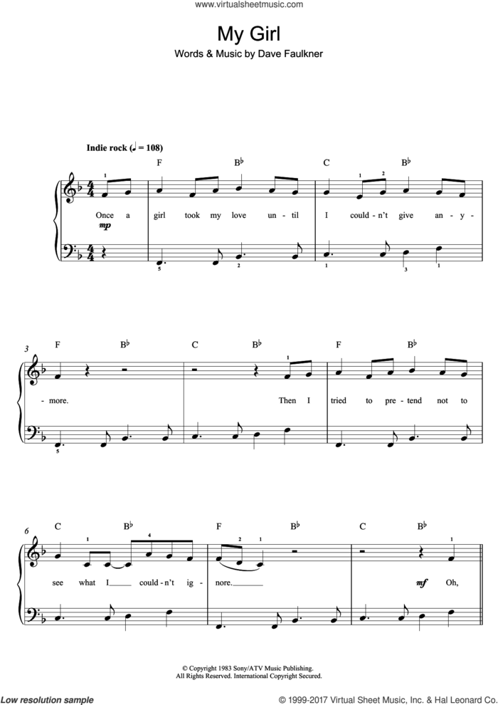 My Girl sheet music for piano solo (beginners) by Hoodoo Gurus and Dave Faulkner, beginner piano (beginners)