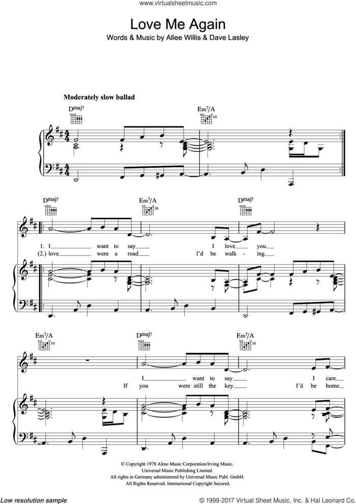 Love Me Again sheet music for voice, piano or guitar by Rita Coolidge, Allee Willis and Dave Lasley, intermediate skill level