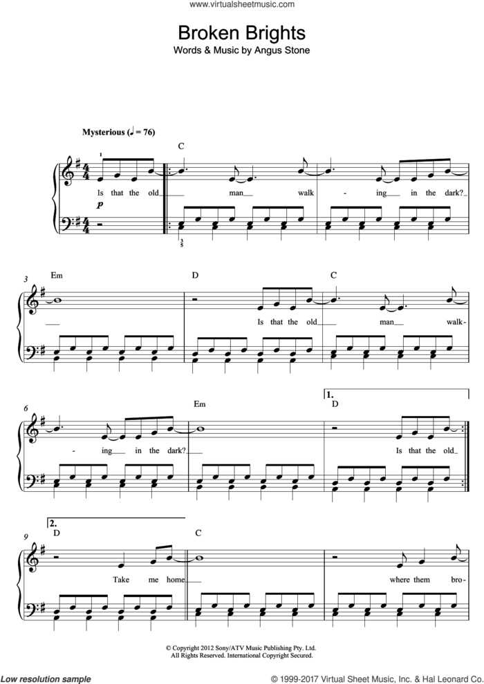 Broken Brights sheet music for piano solo (beginners) by Angus Stone, beginner piano (beginners)