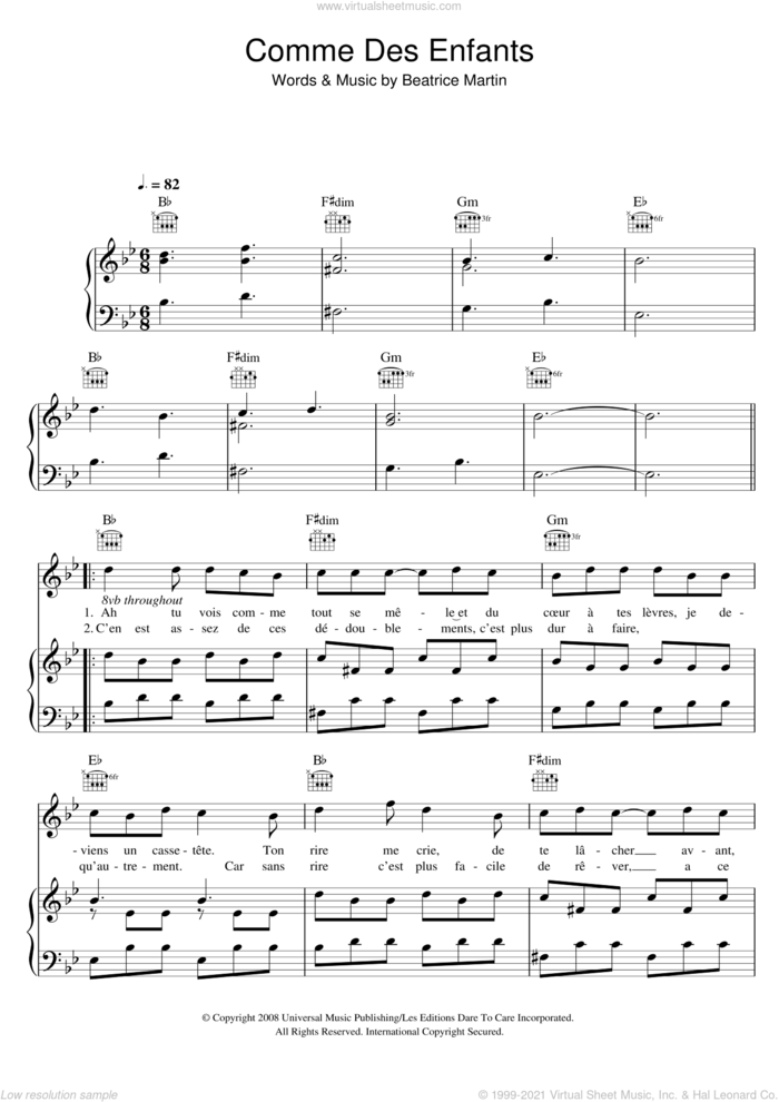 Comme Des Enfants sheet music for voice, piano or guitar by Coeur De Pirate and Beatrice Martin, intermediate skill level