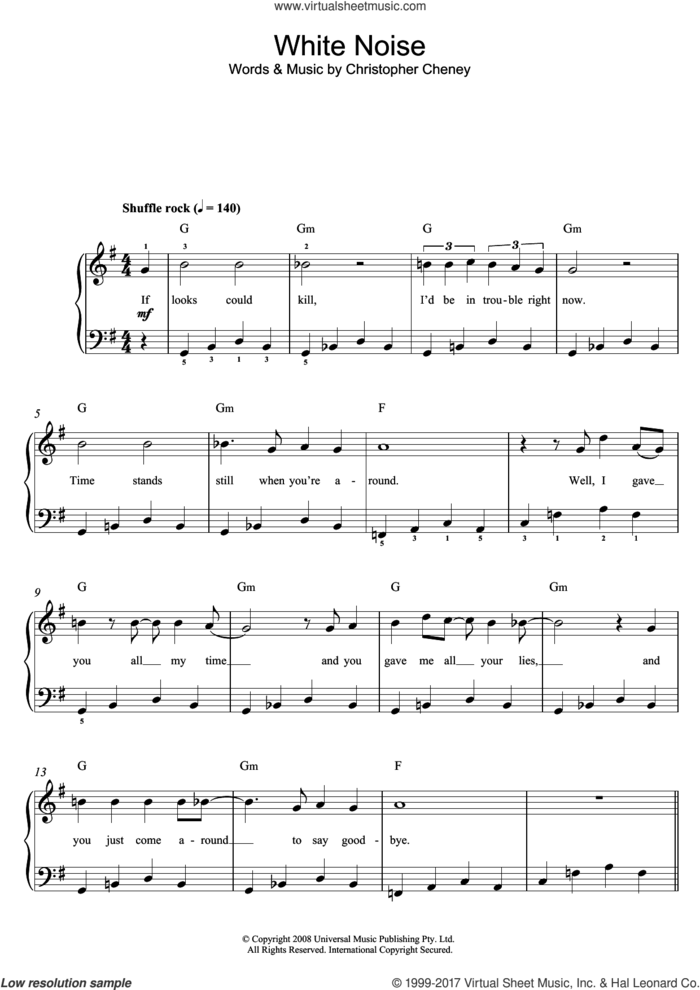 White Noise sheet music for piano solo (beginners) by The Living End and Christopher Cheney, beginner piano (beginners)