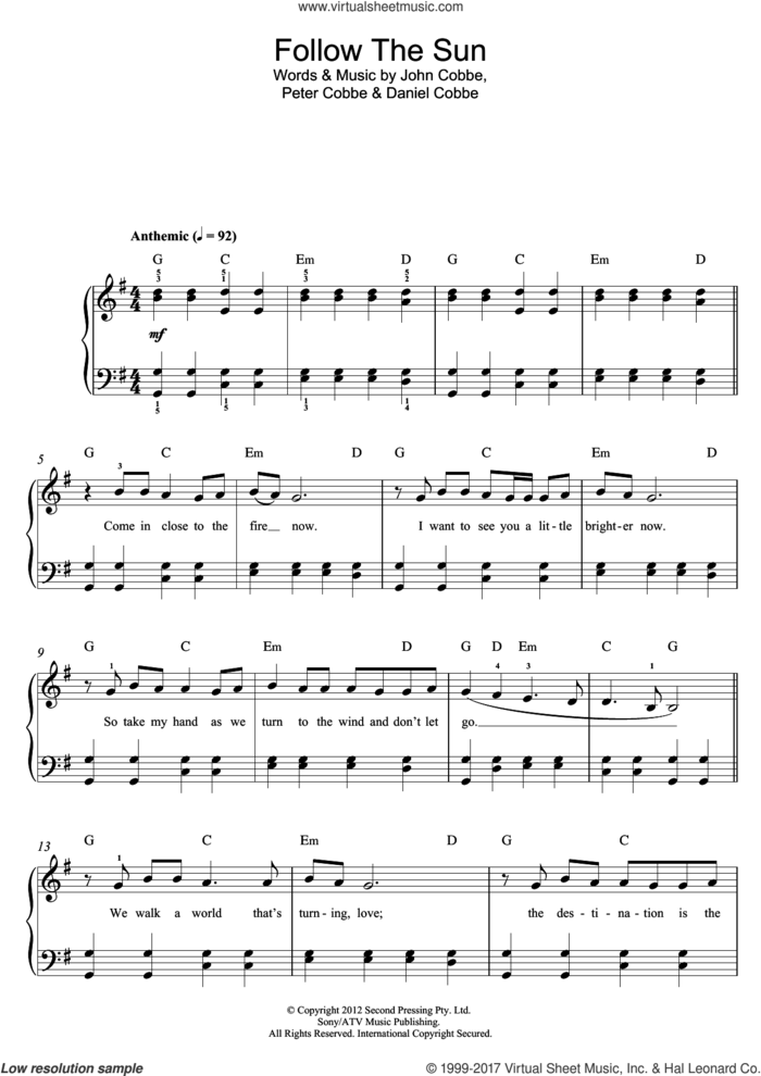 Follow The Sun sheet music for piano solo (beginners) by Evermore, Daniel Cobbe, John Cobbe and Peter Cobbe, beginner piano (beginners)