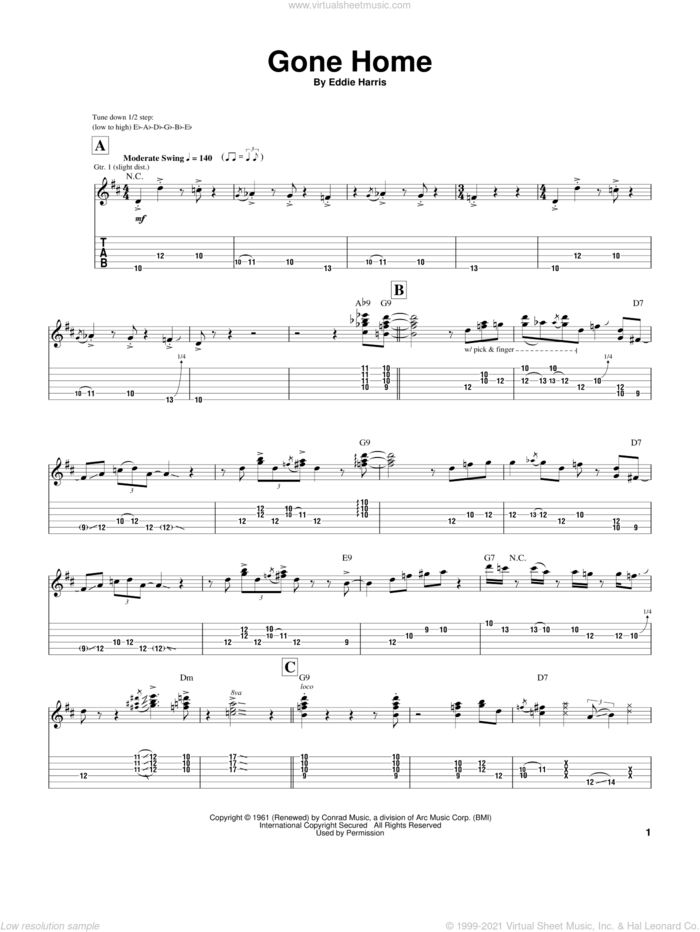 Gone Home sheet music for guitar (tablature) by Stevie Ray Vaughan and Eddie Harris, intermediate skill level