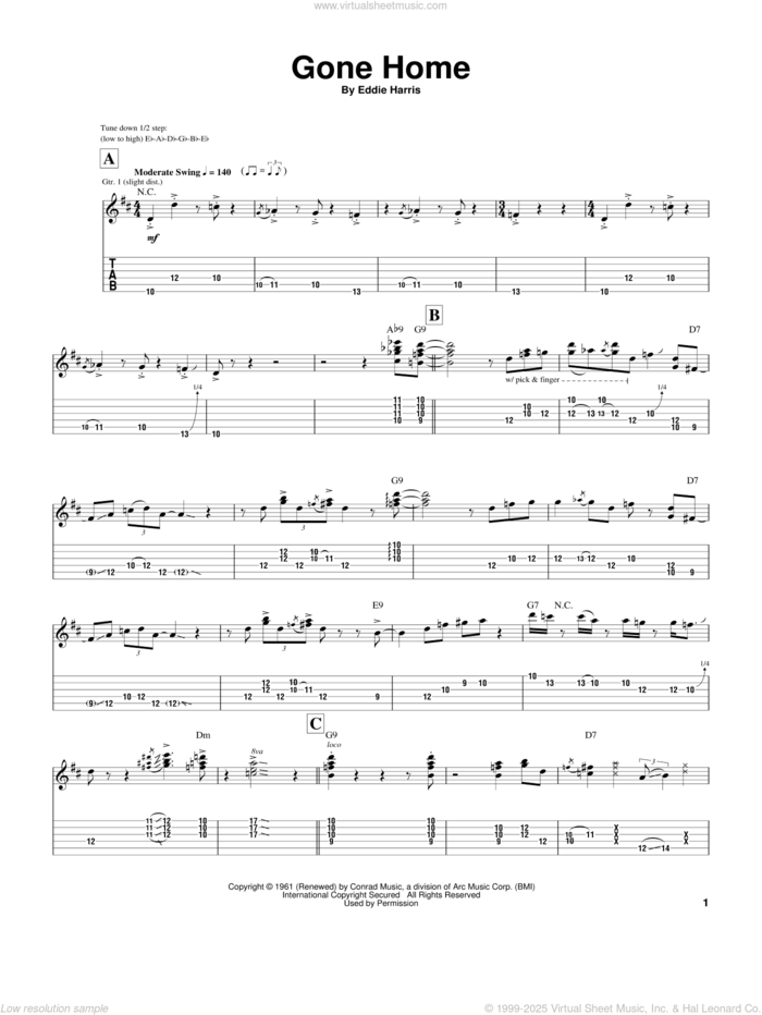 Gone Home sheet music for guitar (tablature) by Stevie Ray Vaughan and Eddie Harris, intermediate skill level