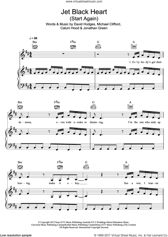 Jet Black Heart (Start Again) sheet music for voice, piano or guitar by 5 Seconds of Summer, Calum Hood, David Hodges, Jonathan Green and Michael Clifford, intermediate skill level