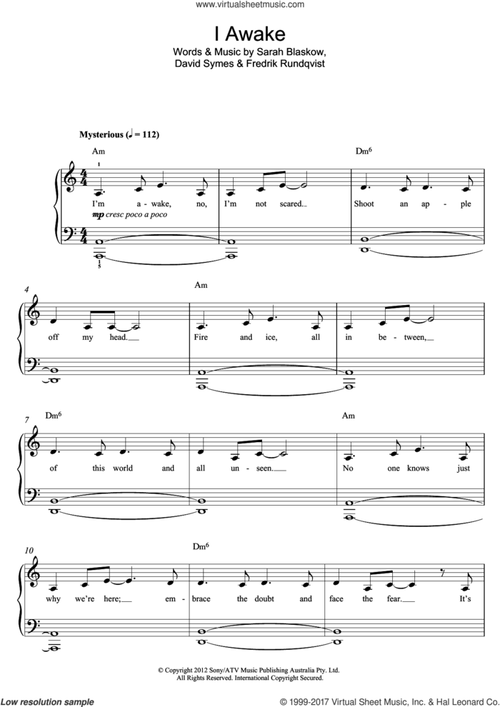 I Awake sheet music for piano solo (beginners) by Sarah Blasko, David Symes, Fredrik Rundqvist and Sarah Blaskow, beginner piano (beginners)