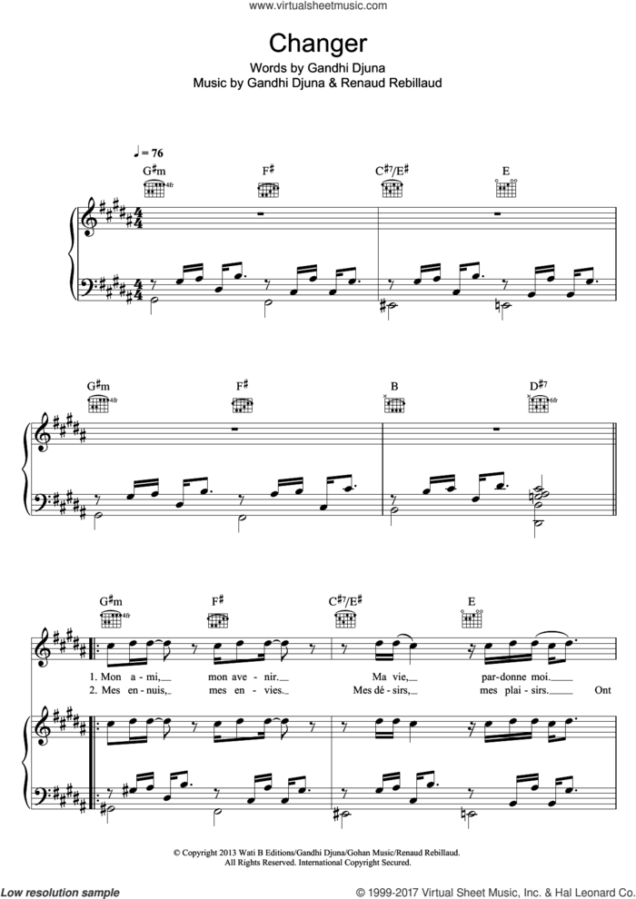 Changer sheet music for voice, piano or guitar by Maitre Gims, Gandhi Djuna and Renaud Rebillaud, intermediate skill level
