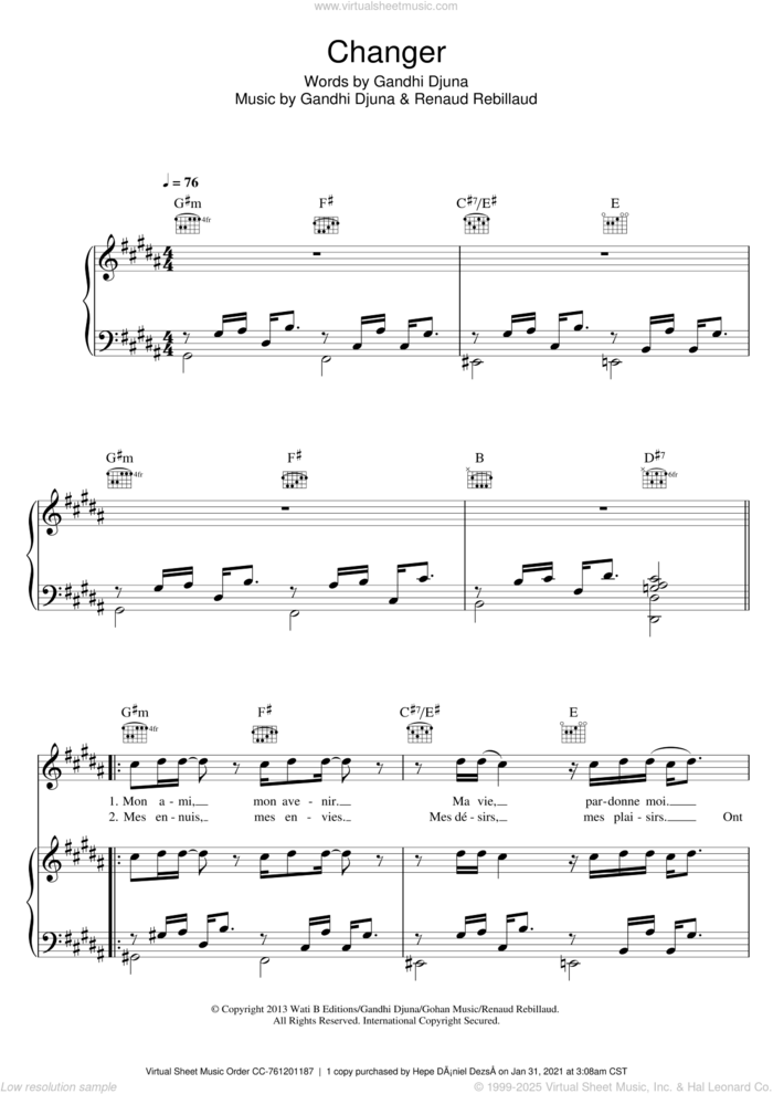 Changer sheet music for voice, piano or guitar by Maitre Gims, Gandhi Djuna and Renaud Rebillaud, intermediate skill level