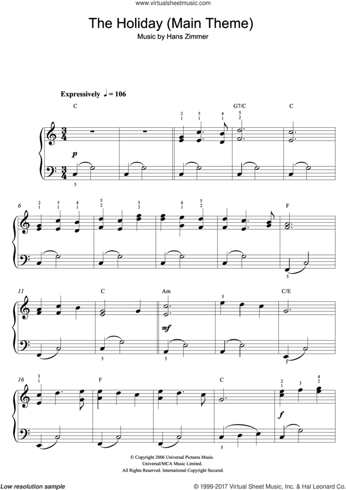 The Holiday (Main Theme) sheet music for piano solo (beginners) by Hans Zimmer, beginner piano (beginners)