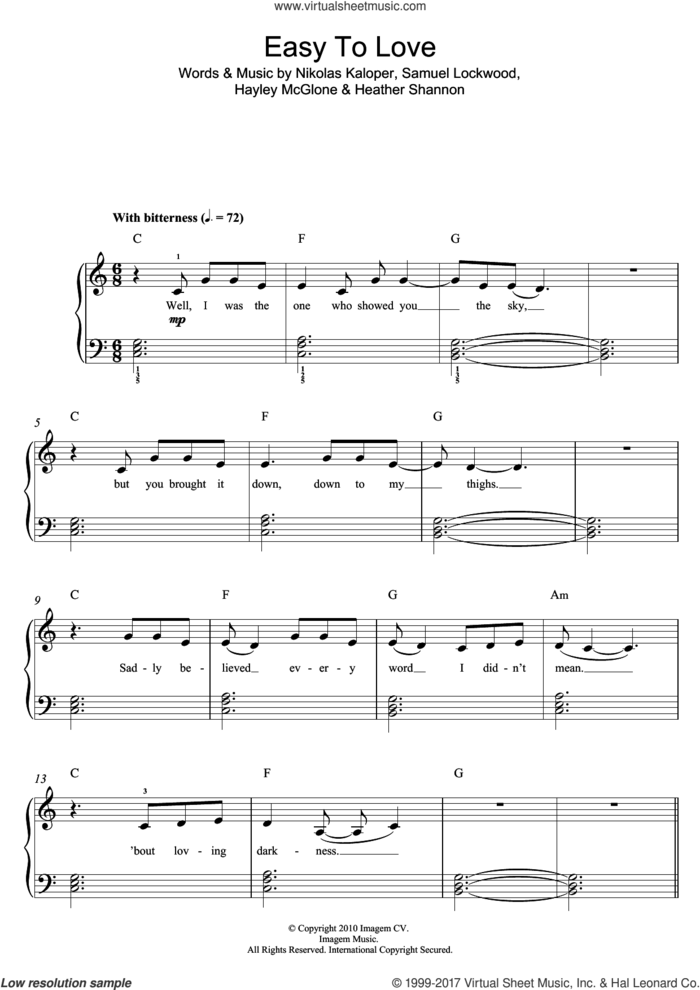 Easy To Love sheet music for piano solo (beginners) by The Jezabels, Hayley McGlone, Heather Shannon, Nikolas Kaloper and Samuel Lockwood, beginner piano (beginners)