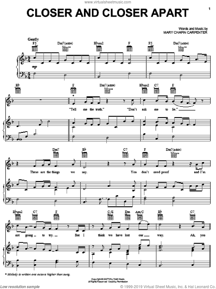 Closer And Closer Apart sheet music for voice, piano or guitar by Mary Chapin Carpenter, intermediate skill level