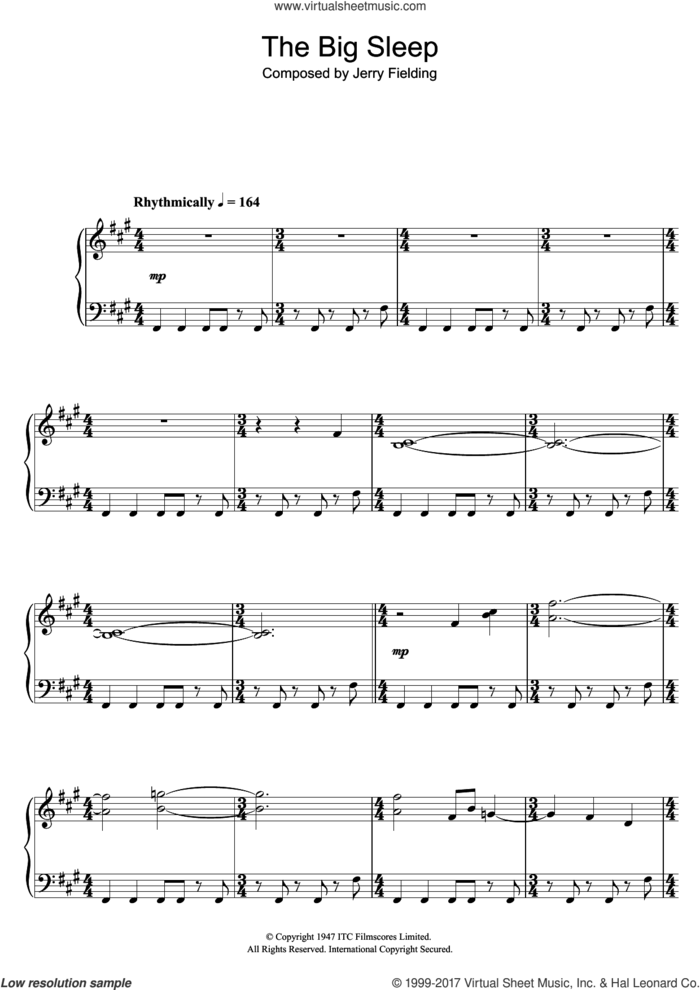 The Big Sleep (End Credits) sheet music for piano solo by Jerry Fielding, intermediate skill level