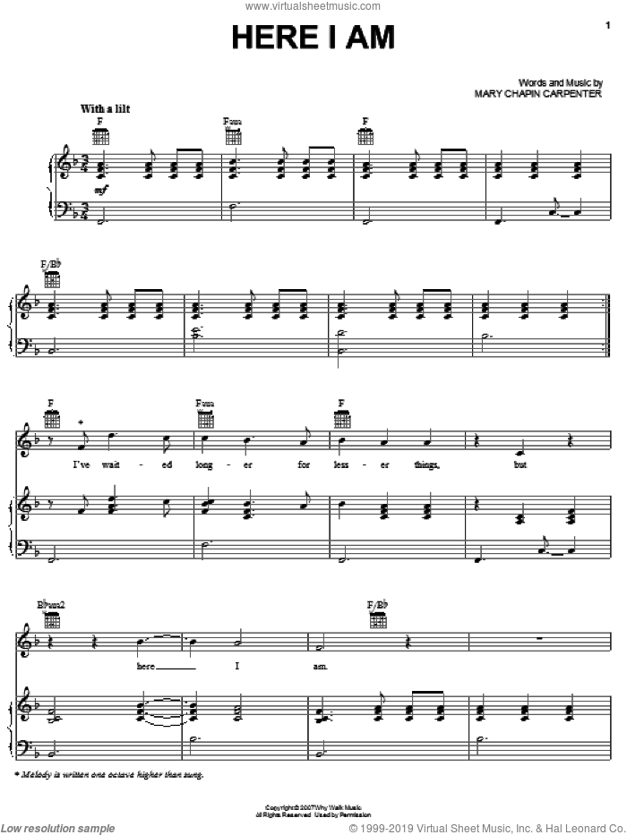 Here I Am sheet music for voice, piano or guitar by Mary Chapin Carpenter, intermediate skill level