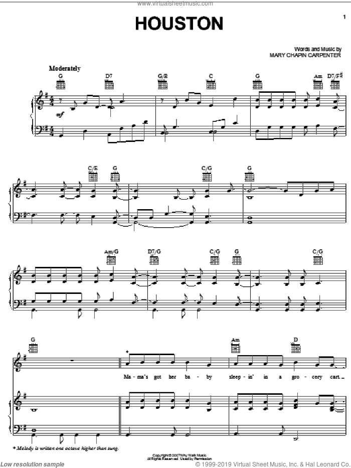Houston sheet music for voice, piano or guitar by Mary Chapin Carpenter, intermediate skill level