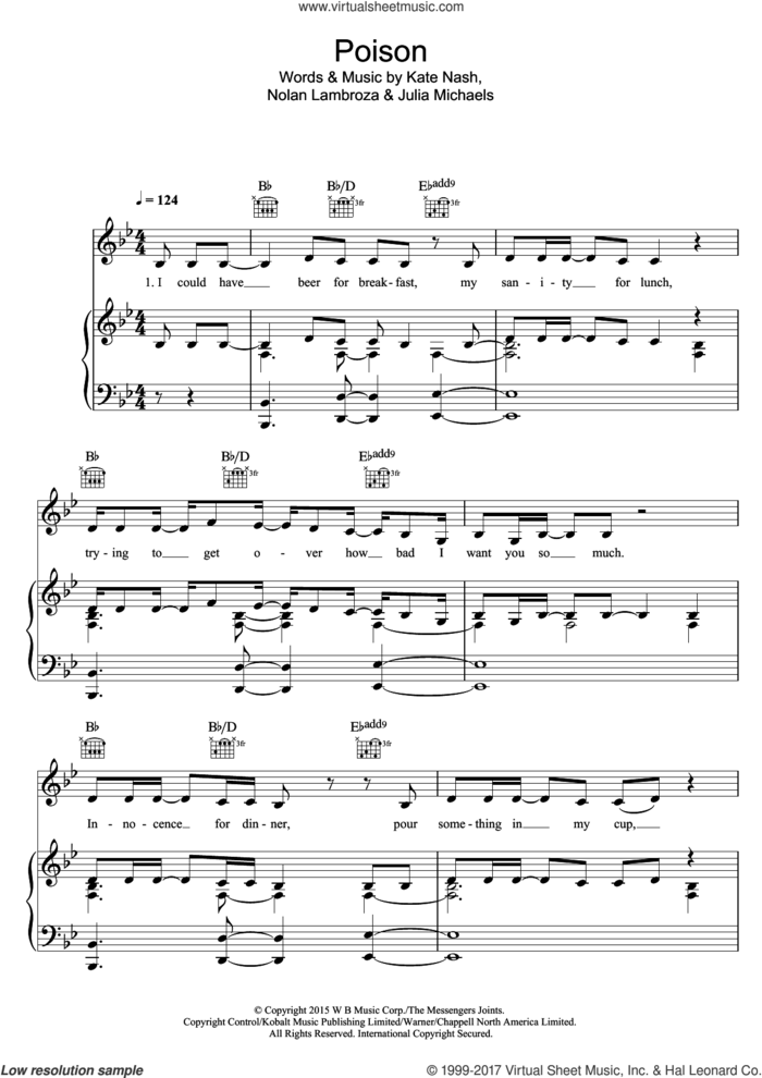 Poison sheet music for voice, piano or guitar by Julia Michaels, Rita Ora, Kate Nash and Nolan Lambroza, intermediate skill level