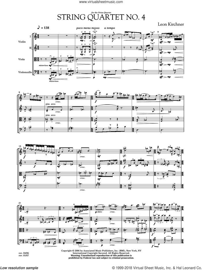 String Quartet No. 4 sheet music for string quartet by Leon Kirchner, classical score, intermediate skill level