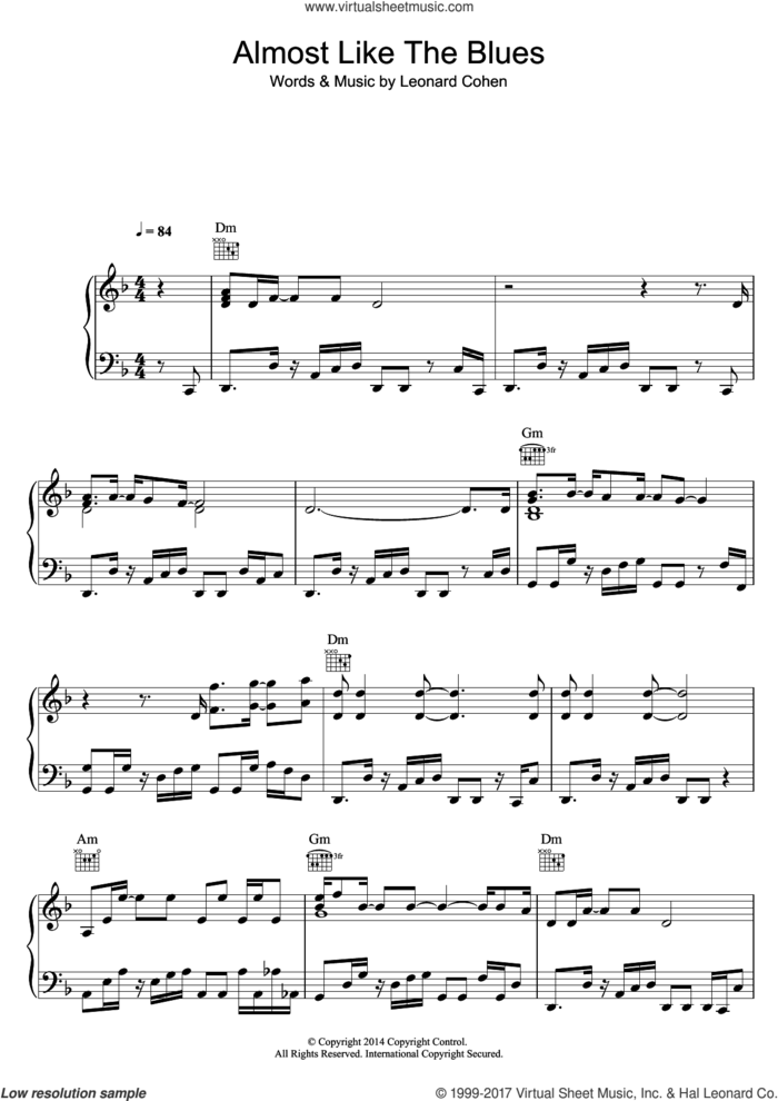 Almost Like The Blues sheet music for voice, piano or guitar by Leonard Cohen, intermediate skill level