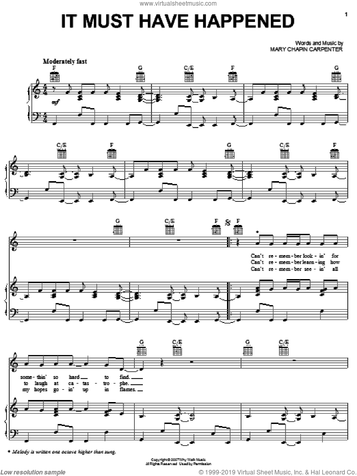 It Must Have Happened sheet music for voice, piano or guitar by Mary Chapin Carpenter, intermediate skill level