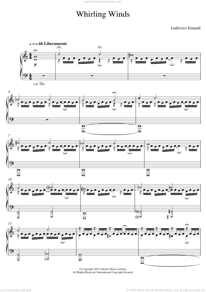 Whirling Winds sheet music for piano solo by Ludovico Einaudi, classical score, intermediate skill level