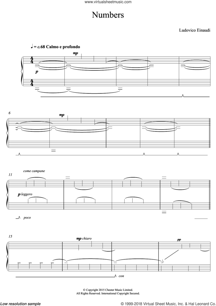 Numbers sheet music for piano solo by Ludovico Einaudi, classical score, intermediate skill level