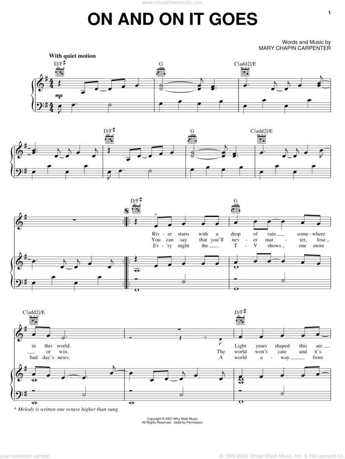 On And On It Goes sheet music for voice, piano or guitar by Mary Chapin Carpenter, intermediate skill level