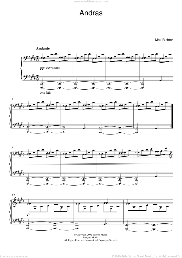 Andras sheet music for piano solo by Max Richter, classical score, intermediate skill level