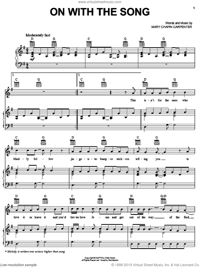 On With The Song sheet music for voice, piano or guitar by Mary Chapin Carpenter, intermediate skill level
