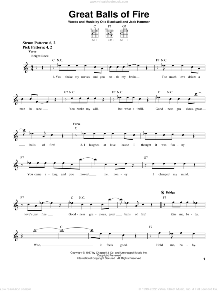 Great Balls Of Fire sheet music for guitar solo (chords) by Jerry Lee Lewis, Jack Hammer and Otis Blackwell, easy guitar (chords)
