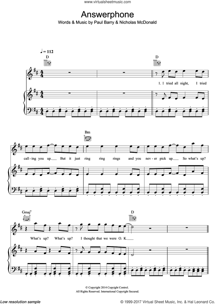 Answerphone sheet music for voice, piano or guitar by Nicholas McDonald and Paul Barry, intermediate skill level