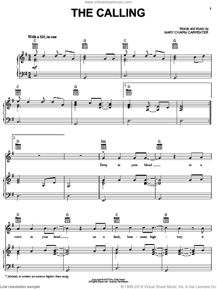 The Calling sheet music for voice, piano or guitar by Mary Chapin Carpenter, intermediate skill level