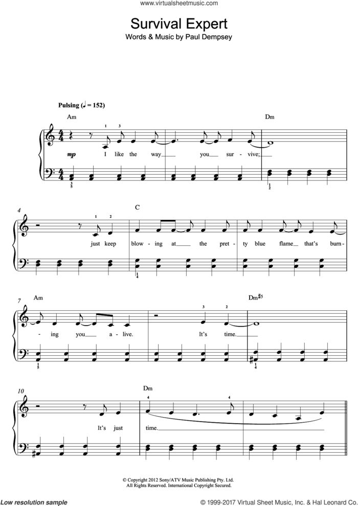Survival Expert sheet music for piano solo (beginners) by Something For Kate and Paul Dempsey, beginner piano (beginners)