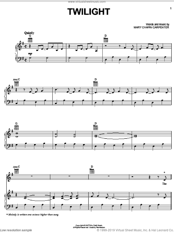 Twilight sheet music for voice, piano or guitar by Mary Chapin Carpenter, intermediate skill level