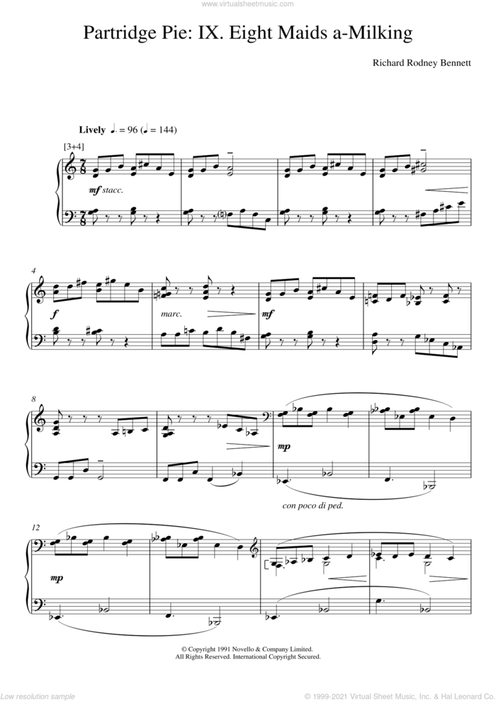 Eight Maids A-Milking (from Partridge Pie) sheet music for piano solo by Richard Bennett, classical score, intermediate skill level