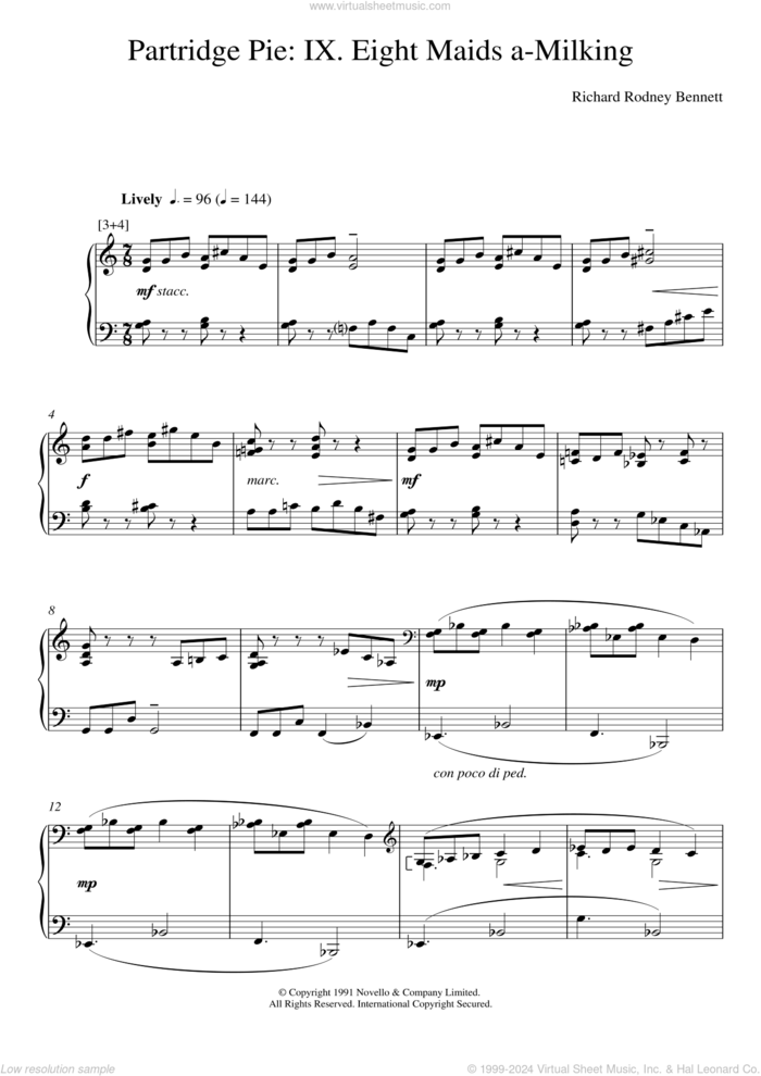 Eight Maids A-Milking (from Partridge Pie) sheet music for piano solo by Richard Bennett, classical score, intermediate skill level