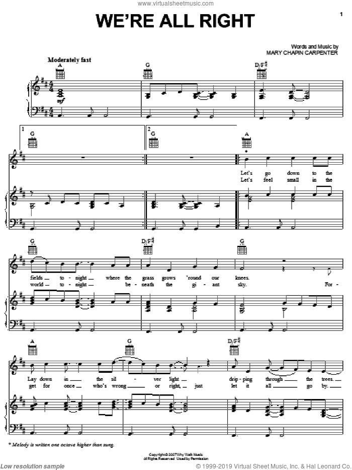 We're All Right sheet music for voice, piano or guitar by Mary Chapin Carpenter, intermediate skill level
