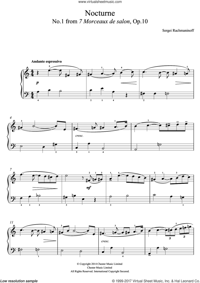Nocturne (No.1 from 7 Morceaux de salon, Op.10) sheet music for piano solo (beginners) by Serjeij Rachmaninoff, classical score, beginner piano (beginners)