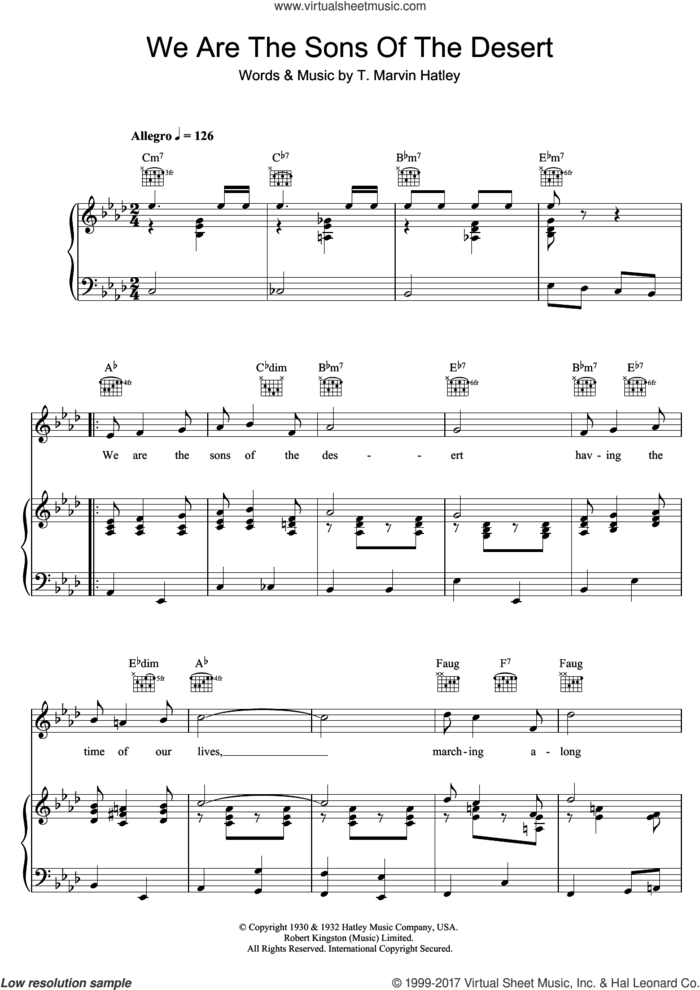 We Are The Sons Of The Desert sheet music for voice, piano or guitar by T. Marvin Hatley, intermediate skill level