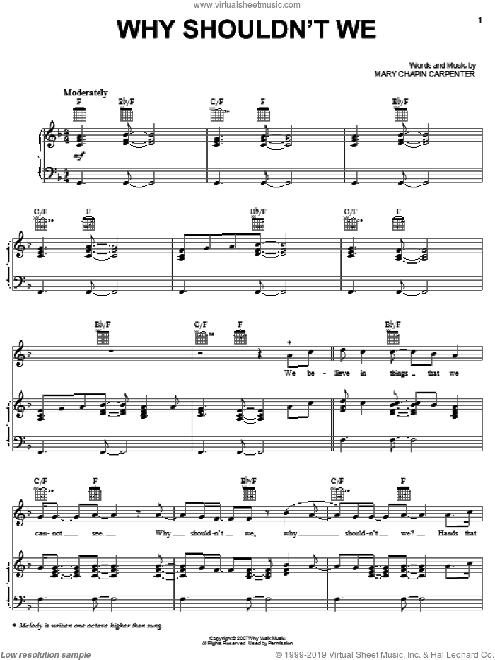Why Shouldn't We sheet music for voice, piano or guitar by Mary Chapin Carpenter, intermediate skill level