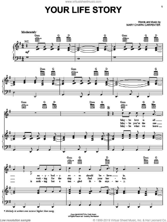 Your Life Story sheet music for voice, piano or guitar by Mary Chapin Carpenter, intermediate skill level