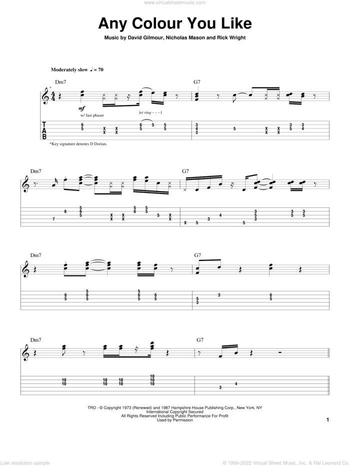 Any Colour You Like sheet music for guitar (tablature, play-along) by Pink Floyd, David Gilmour, Nicholas Mason and Richard Wright, intermediate skill level