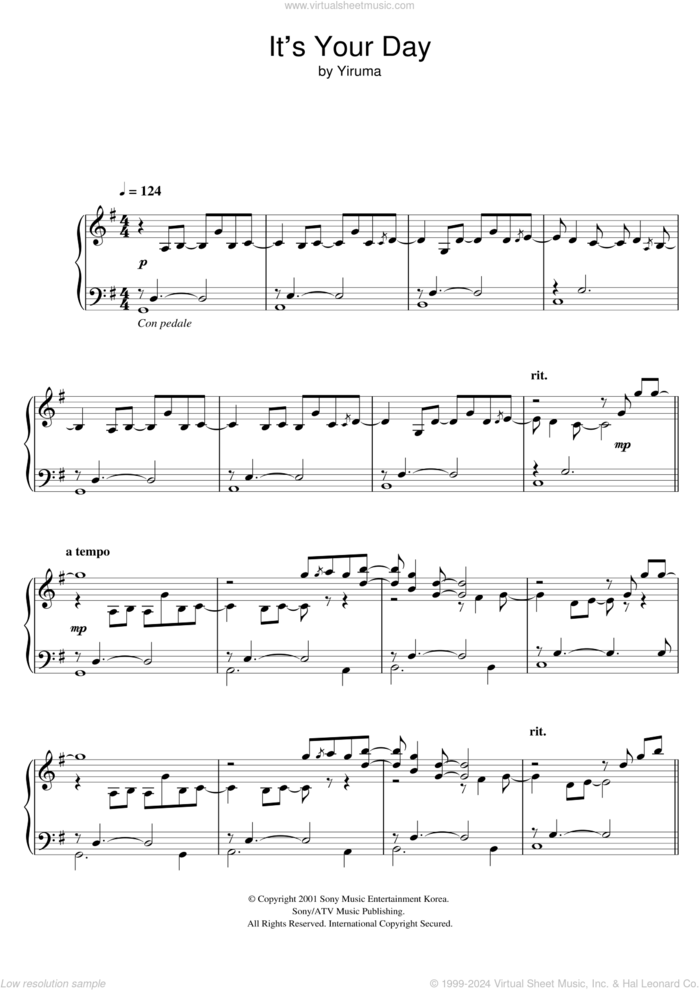 It's Your Day sheet music for piano solo by Yiruma, classical score, intermediate skill level