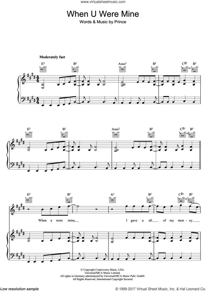 When U Were Mine sheet music for voice, piano or guitar by Prince, intermediate skill level