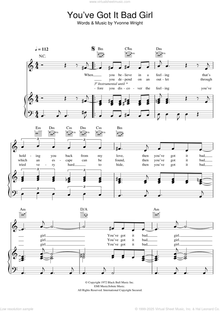 You've Got It Bad Girl sheet music for voice, piano or guitar by Stevie Wonder and Yvonne Wright, intermediate skill level