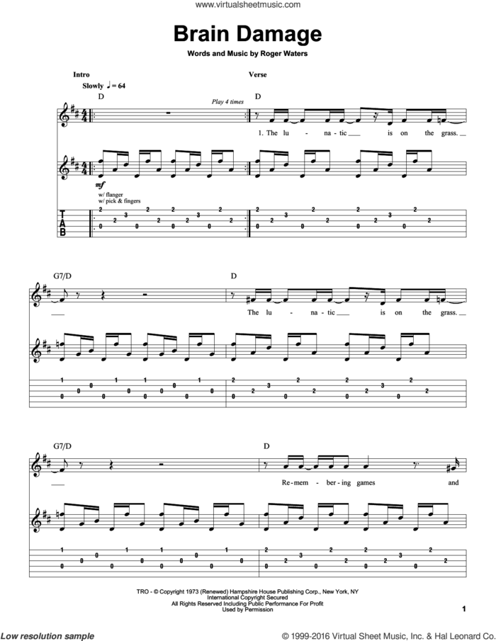 Brain Damage sheet music for guitar (tablature, play-along) by Pink Floyd and Roger Waters, intermediate skill level