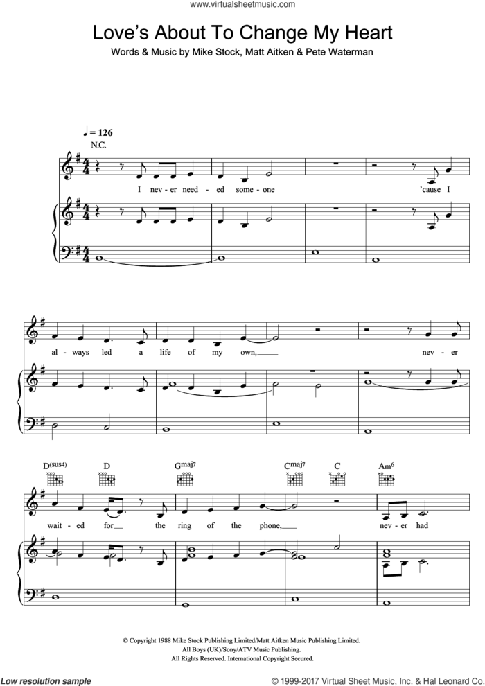 Love's About To Change My Heart sheet music for voice, piano or guitar by Donna Summer, Matt Aitken, Mike Stock and Pete Waterman, intermediate skill level